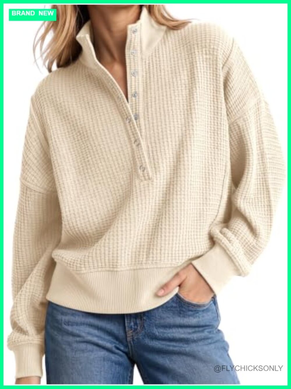 Waffle Knit Oversized Henley Pullover Snap Button Sweatshirt